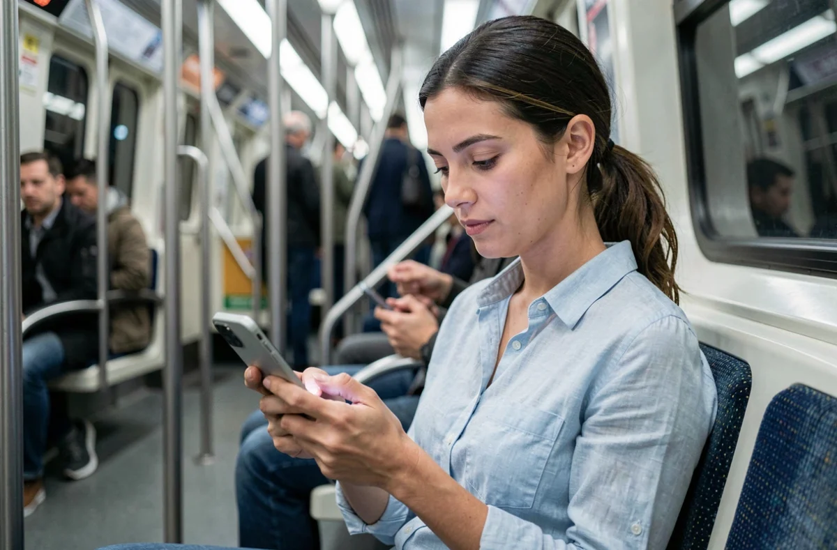Femme consultant un site web sur iPhone dans les transports en commun urbains
