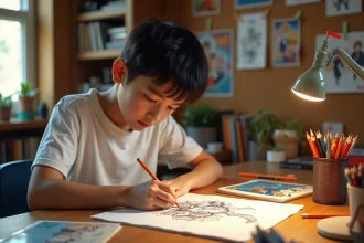 Adolescent dessinant et ombrageant un personnage de Dragon Ball avec des crayons de couleur sur un bureau en bois entouré de mangas