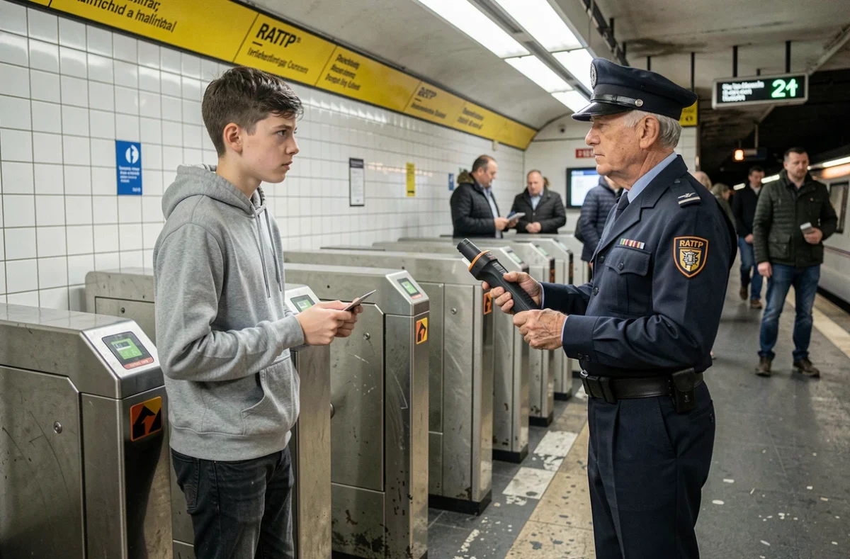 Adolescent contrôlé par un agent RATP dans une station de métro parisienne, scène de vérification de titre de transport chez un mineur