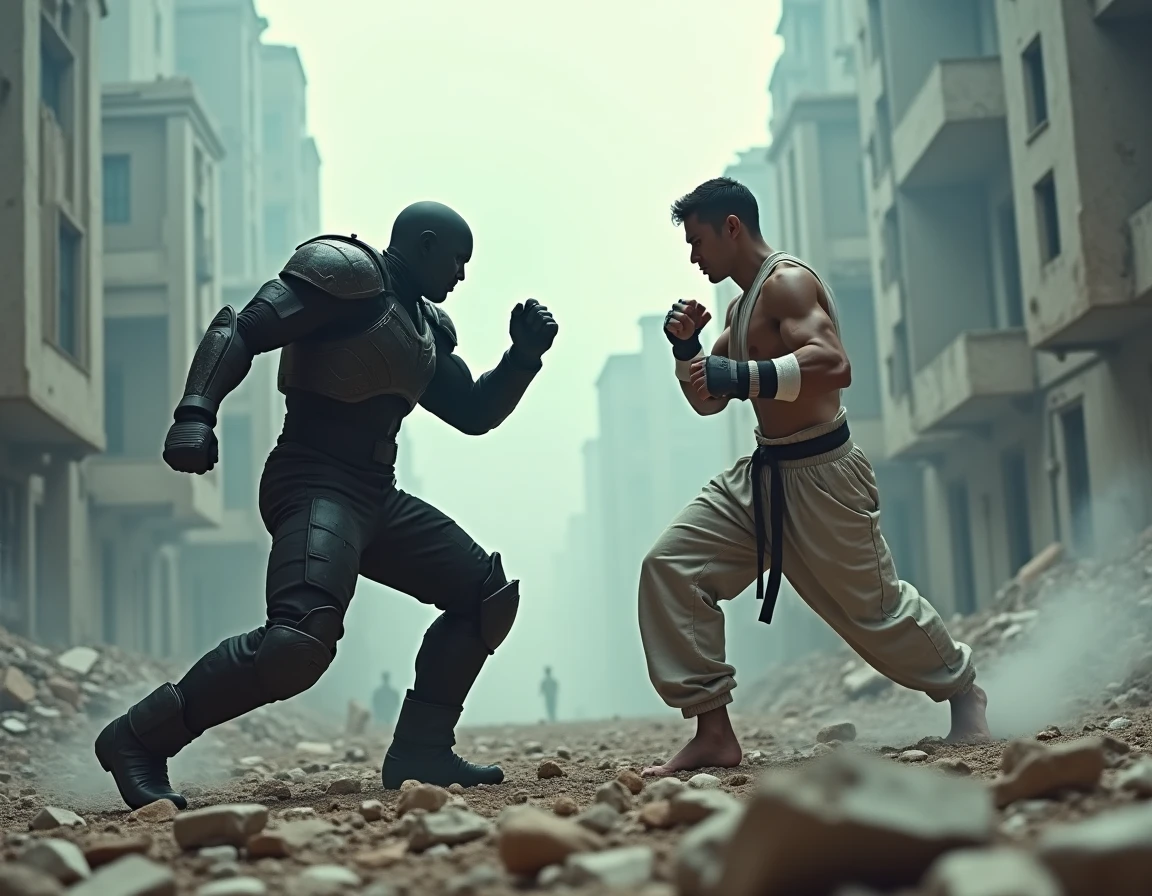 Deux combattants s'affrontant sur un champ de bataille en ruines avec des décombres et des bâtiments effondrés, scène de combat épique inspirée de One Punch Man