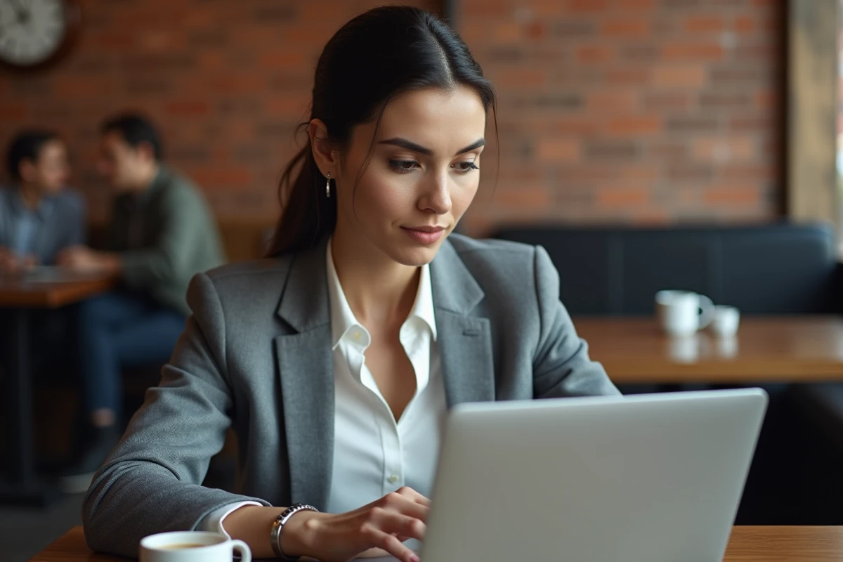 Femme recherchant des alternatives à un site bloqué sur son ordinateur dans un café moderne