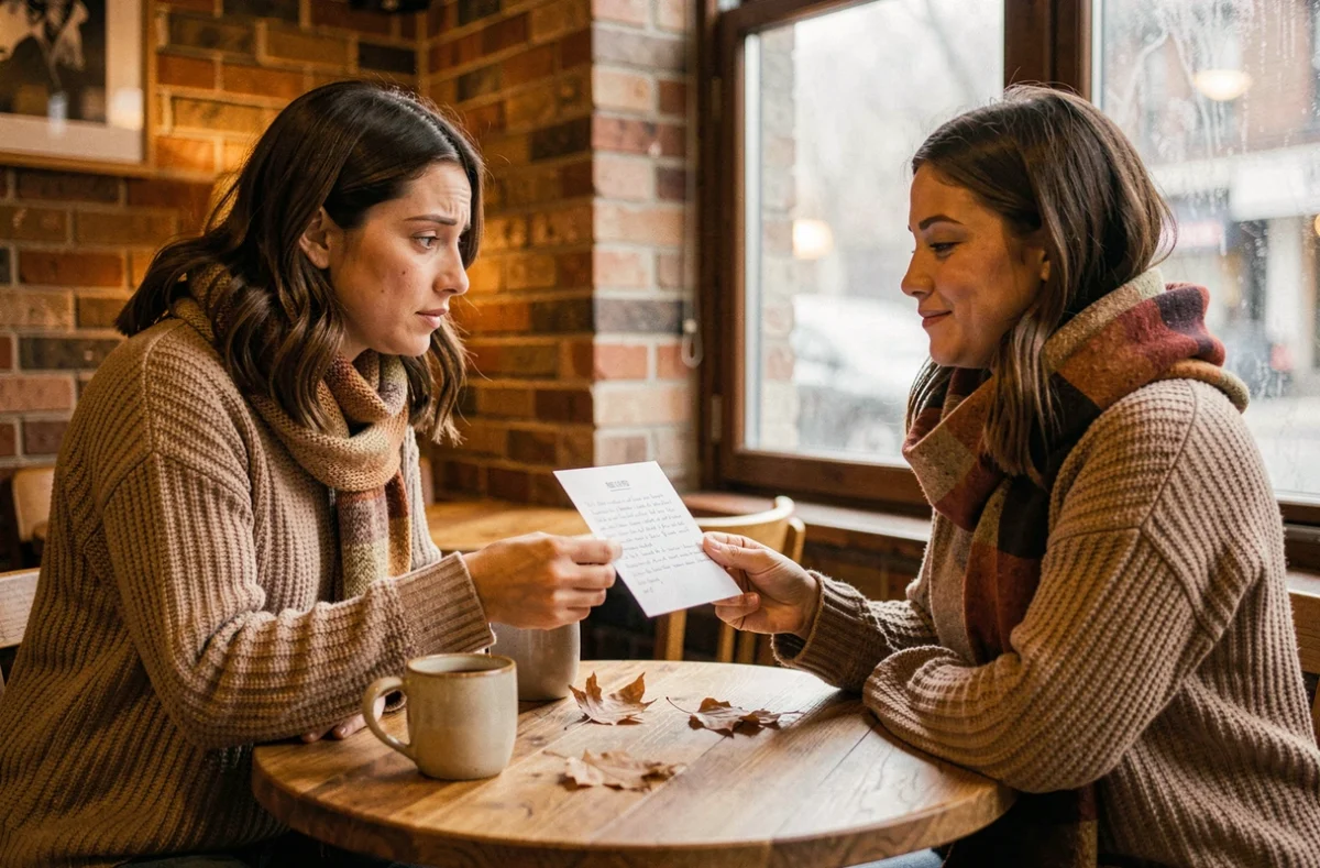 Deux amies dans un café échangeant un message d'excuses écrit à la main pour réparer leur amitié