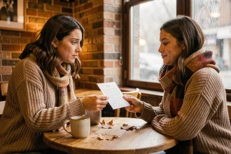 Deux amies dans un café échangeant un message d'excuses écrit à la main pour réparer leur amitié