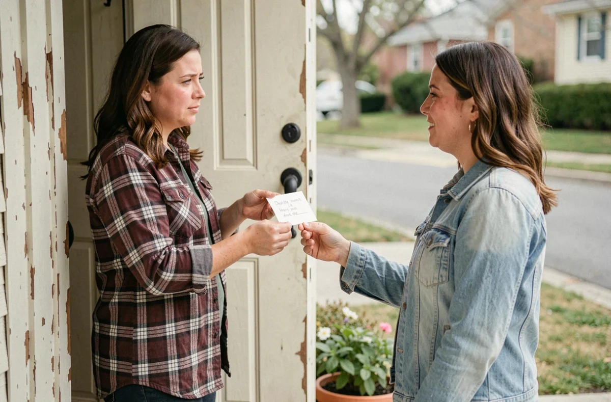 Deux amies sur un pas de porte, l'une tendant une carte d'excuses pour renouer leur amitié