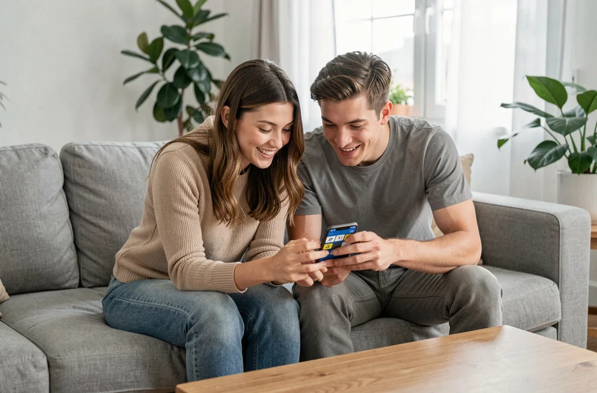 Deux amis jouant ensemble au mot du jour Codycross sur un smartphone dans un salon moderne
