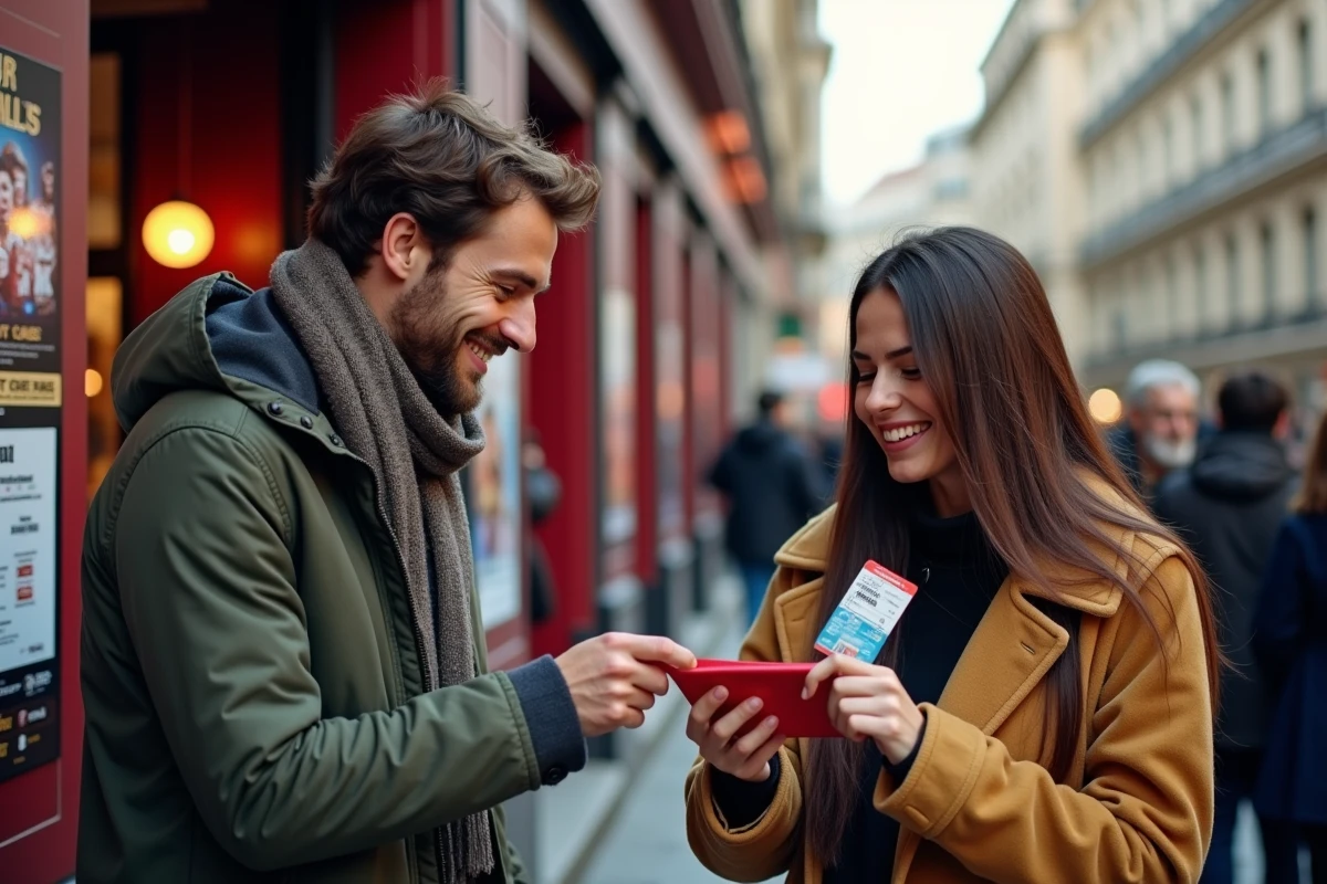 Deux amis devant une salle de concert à Lyon avec ticket en main