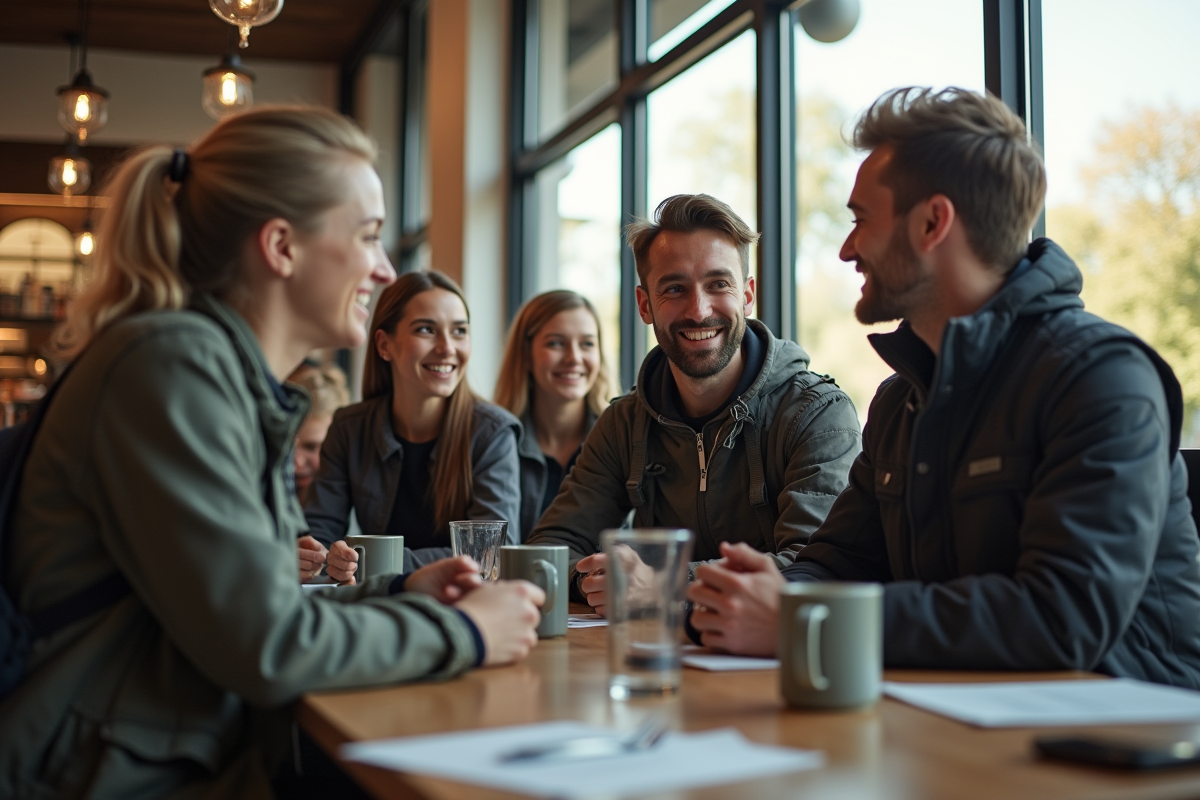 Groupe d amis en techwear dans un café lumineux