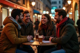 Groupe d'amis rieurs sur une terrasse à Toulouse