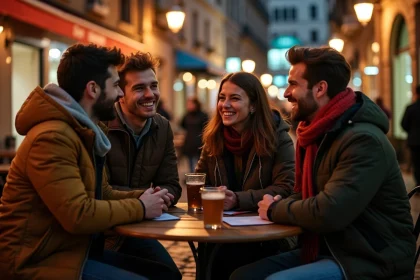 Groupe d'amis rieurs sur une terrasse à Toulouse