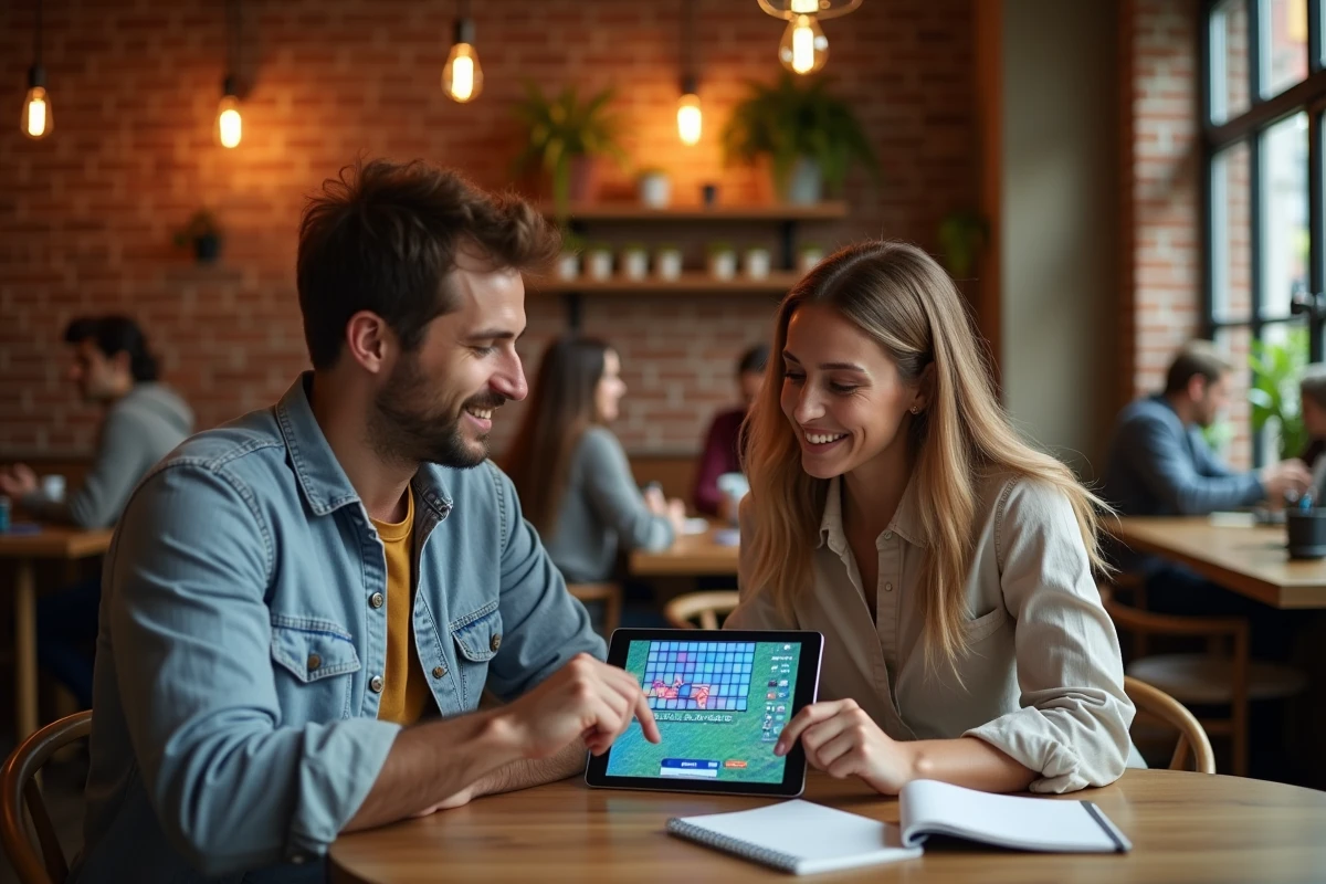 Deux adultes apprenant le pixel art ensemble sur tablette dans un café créatif co-working