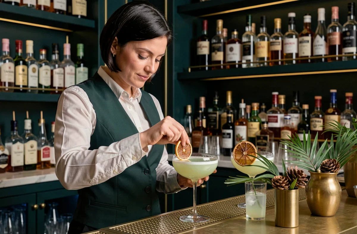 Barwoman garnissant un cocktail en coupe à L'Archipel Cocktail Bar à Dijon, bar élégant aux tons teal et laiton
