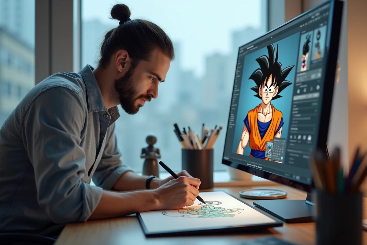 Artiste masculin en train d'ombrer numériquement un personnage de Dragon Ball sur tablette graphique avec logiciel de dessin affiché à l'écran