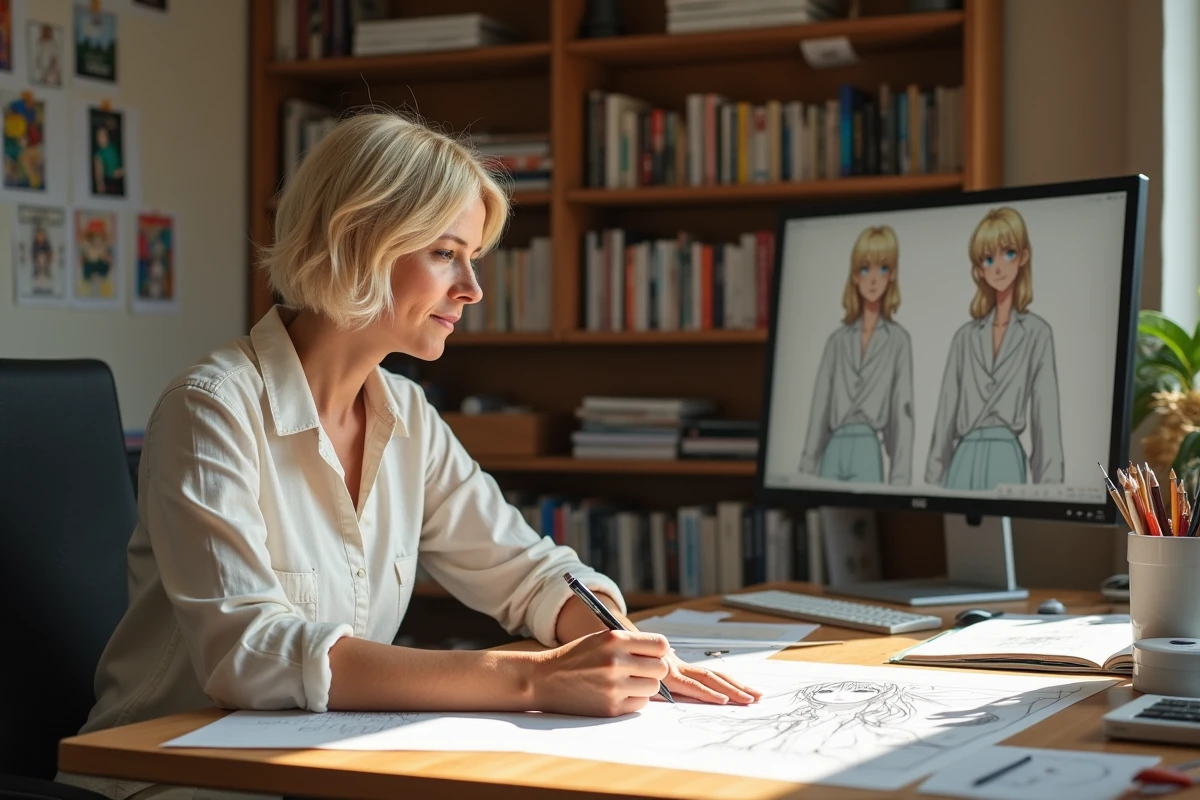 Artiste manga comparant les designs de personnages entre le manga Hunter x Hunter et son adaptation animée à sa table de travail en studio