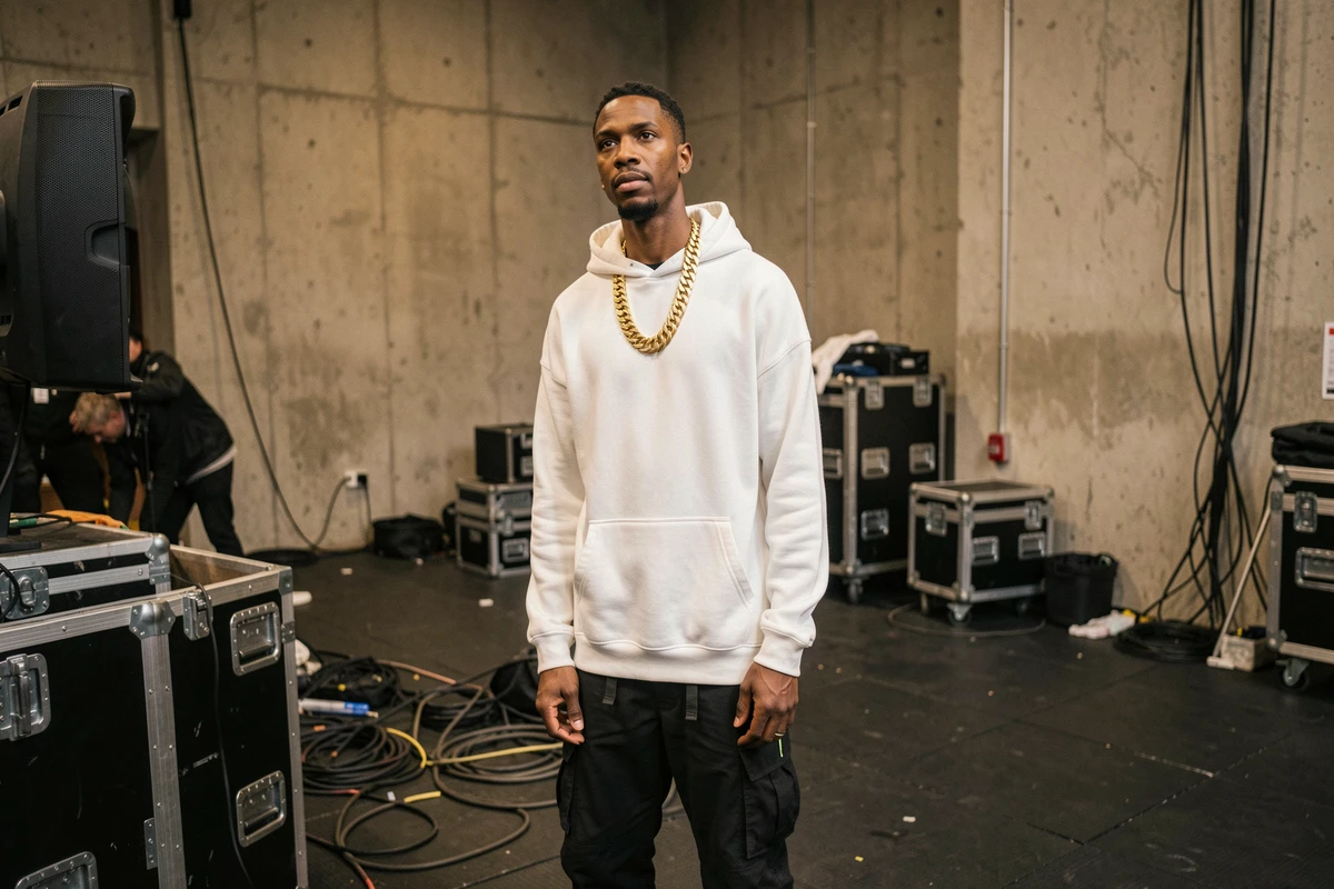 Artiste rap de grande stature en coulisses d'une salle de concert avec chaîne en or et hoodie blanc