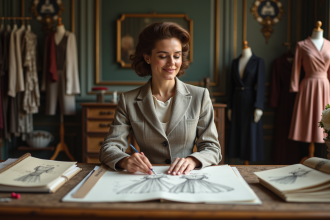 Femme en tailleur vintage dans un atelier parisien élégant