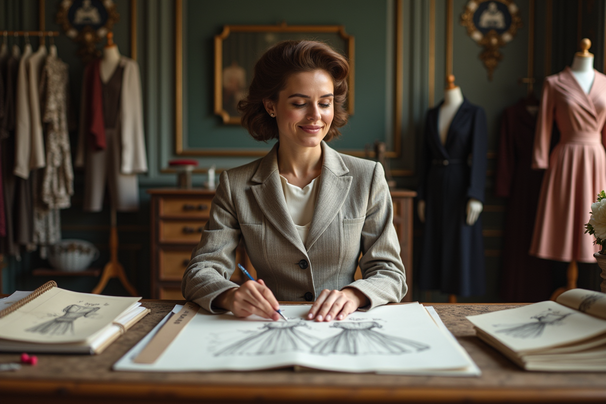 Femme en tailleur vintage dans un atelier parisien élégant