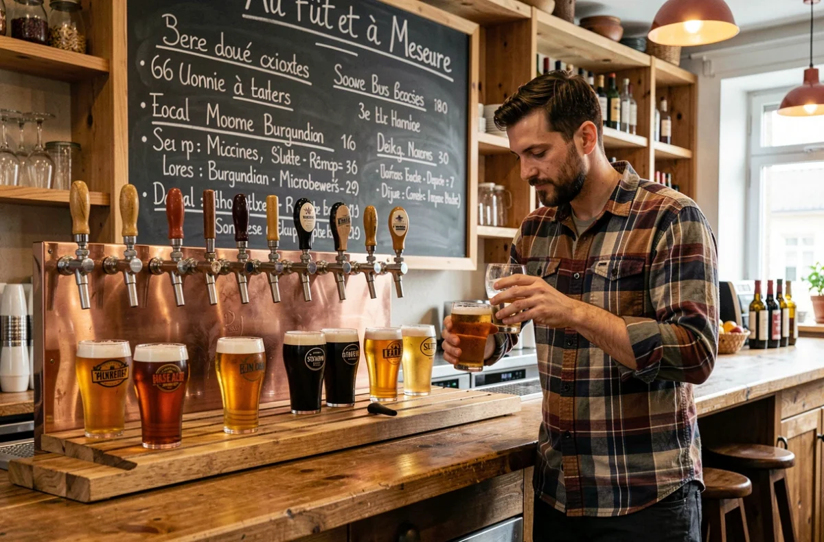 Tireuses de bières artisanales et plateau de dégustation au Fût et à Mesure à Dijon, ardoise des brasseries locales