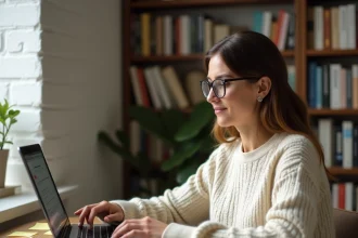 Auteure indépendante travaillant sur sa stratégie de mots-clés KDP Amazon sur un ordinateur portable dans un bureau à domicile chaleureux