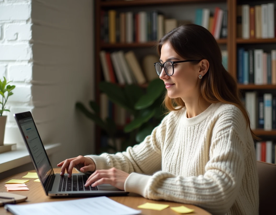 Auteure indépendante travaillant sur sa stratégie de mots-clés KDP Amazon sur un ordinateur portable dans un bureau à domicile chaleureux