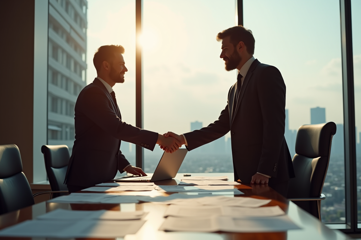Avocat et client se serrant la main dans un bureau lumineux