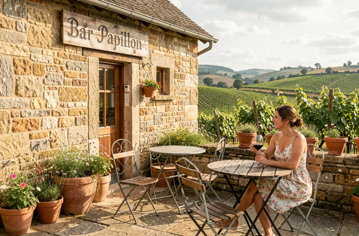 Terrasse en pierre du Bar Papillon à Ameugny avec cliente savourant un verre de vin, collines viticoles bourguignonnes en arrière-plan