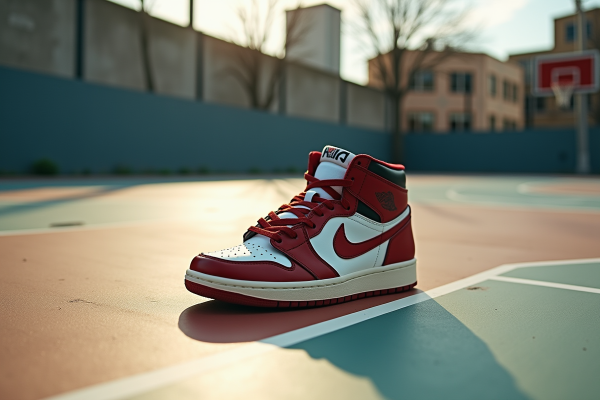 Chaussure vintage streetwear sur terrain de basketball urbain