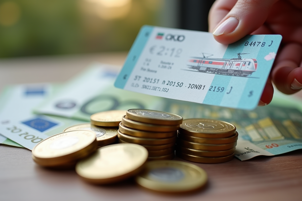 Ticket de train français au-dessus de pièces euros illustrant la dette SNCF