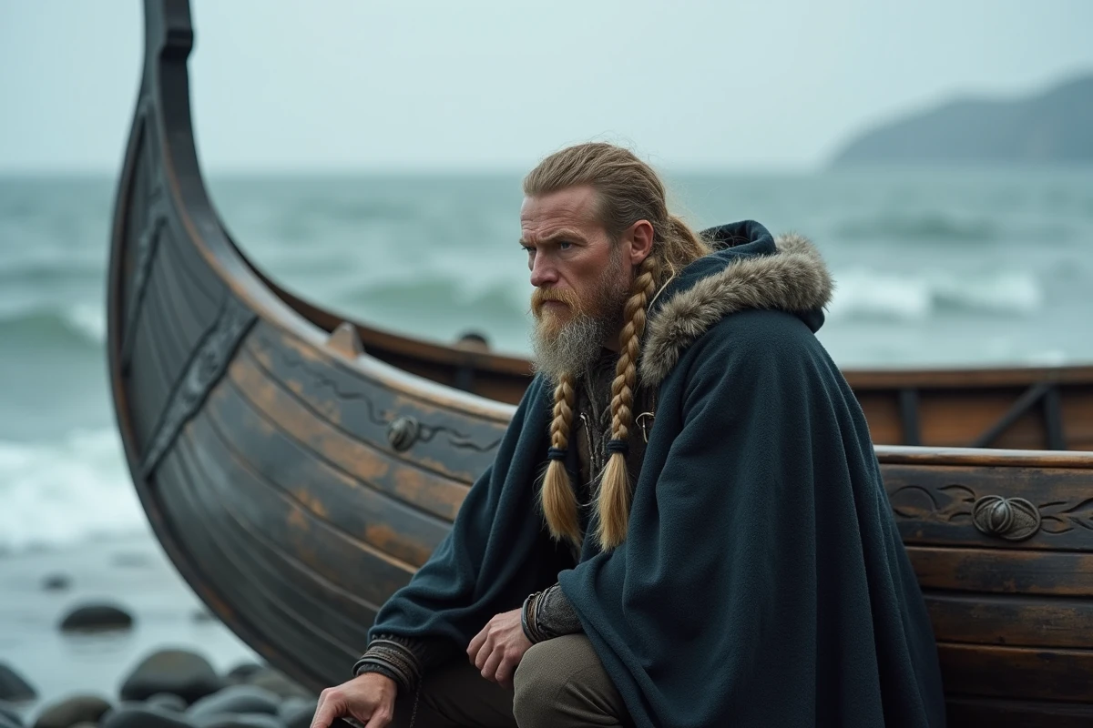 Homme viking aux cheveux blonds tressés agenouillé près d'un drakkar sur une côte rocheuse nordique, évoquant l'aventure et le destin de Bjorn Ironside dans la série Vikings