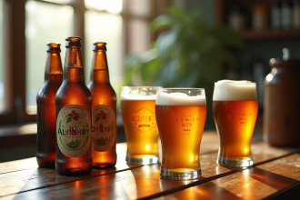 Variété de bouteilles de bière sans gluten sur une table en bois