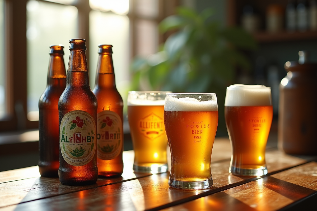 Variété de bouteilles de bière sans gluten sur une table en bois