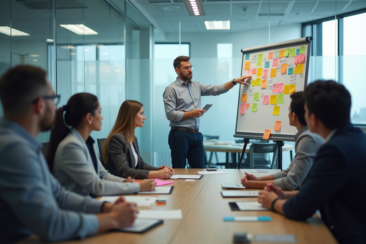 Chef menant une séance de brainstorming avec postit colorés