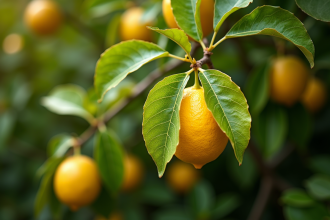 Branche de citronnier avec feuilles jaunes parmi vertes en extérieur