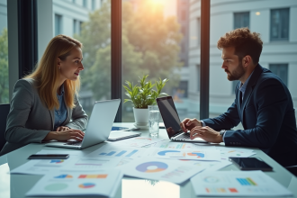 Espace de travail moderne avec deux professionnels analysant des données