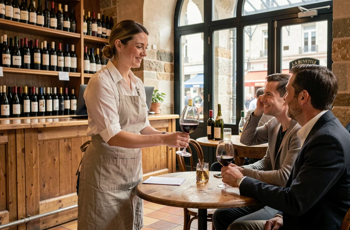 Sommelière servant un verre de vin de Bourgogne à La Buvette des Halles à Dijon, ambiance bistrot de marché