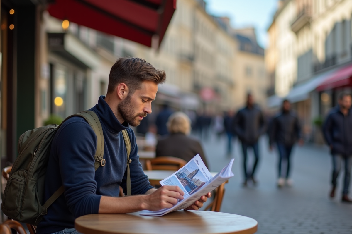 Homme lisant brochures dans un café à Nantes