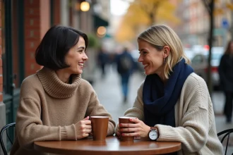Deux femmes souriantes autour d un cafe en ville