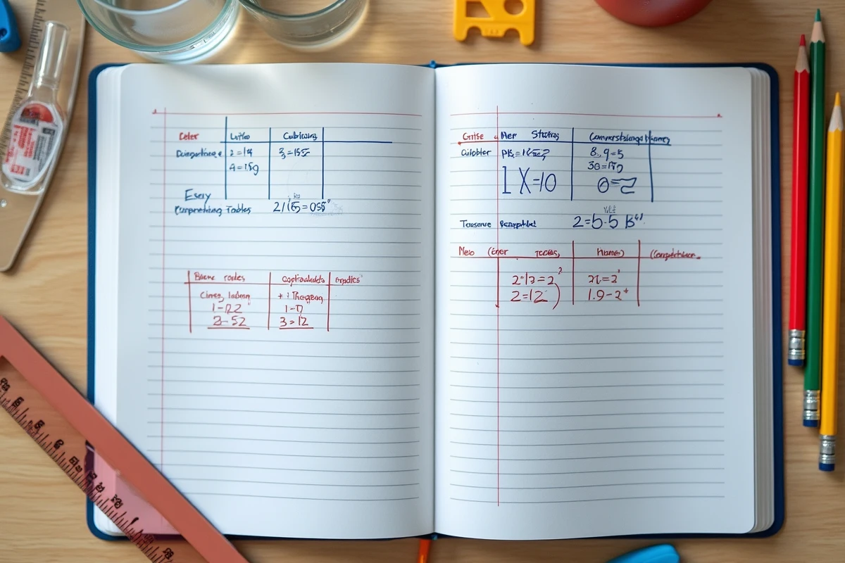Cahier scolaire avec tableau de conversion litre cm3 écrit à la main entouré de fournitures scolaires