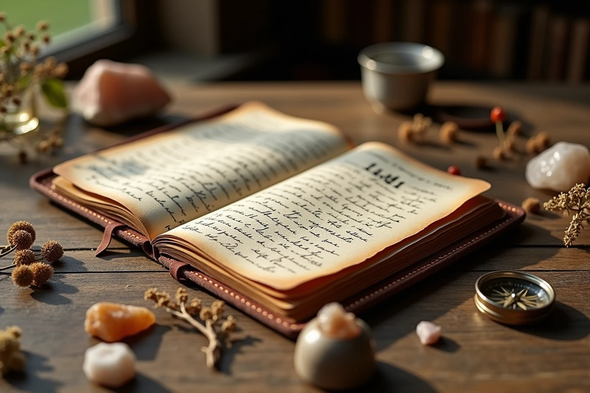 Carnet ouvert avec le nombre 1441 écrit à la main, entouré de cristaux et de fleurs séchées sur une table en bois, illustration de la signification spirituelle