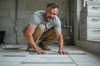 Carreleur professionnel mesurant des carreaux avant la pose dans une salle de bain en cours de rénovation