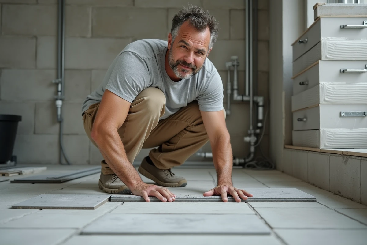 Carreleur professionnel mesurant des carreaux avant la pose dans une salle de bain en cours de rénovation