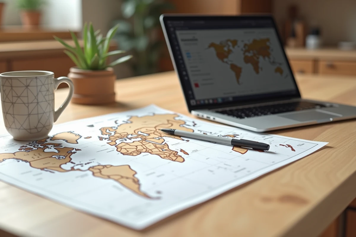 Carte du monde imprimée en PDF sur une table en chêne avec un ordinateur affichant les paramètres d'échelle d'impression