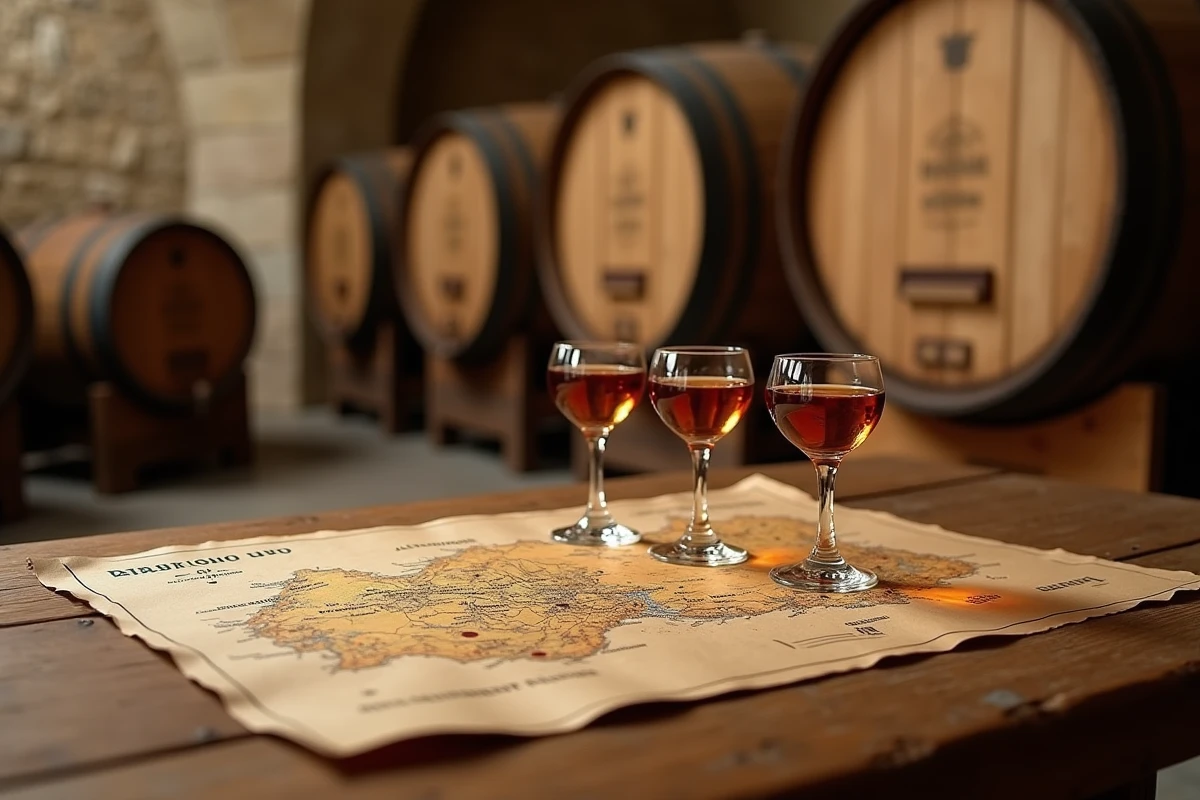 Cave de dégustation avec carte des vignobles d'Armagnac, verres de dégustation et fûts de chêne dans un chai gascon