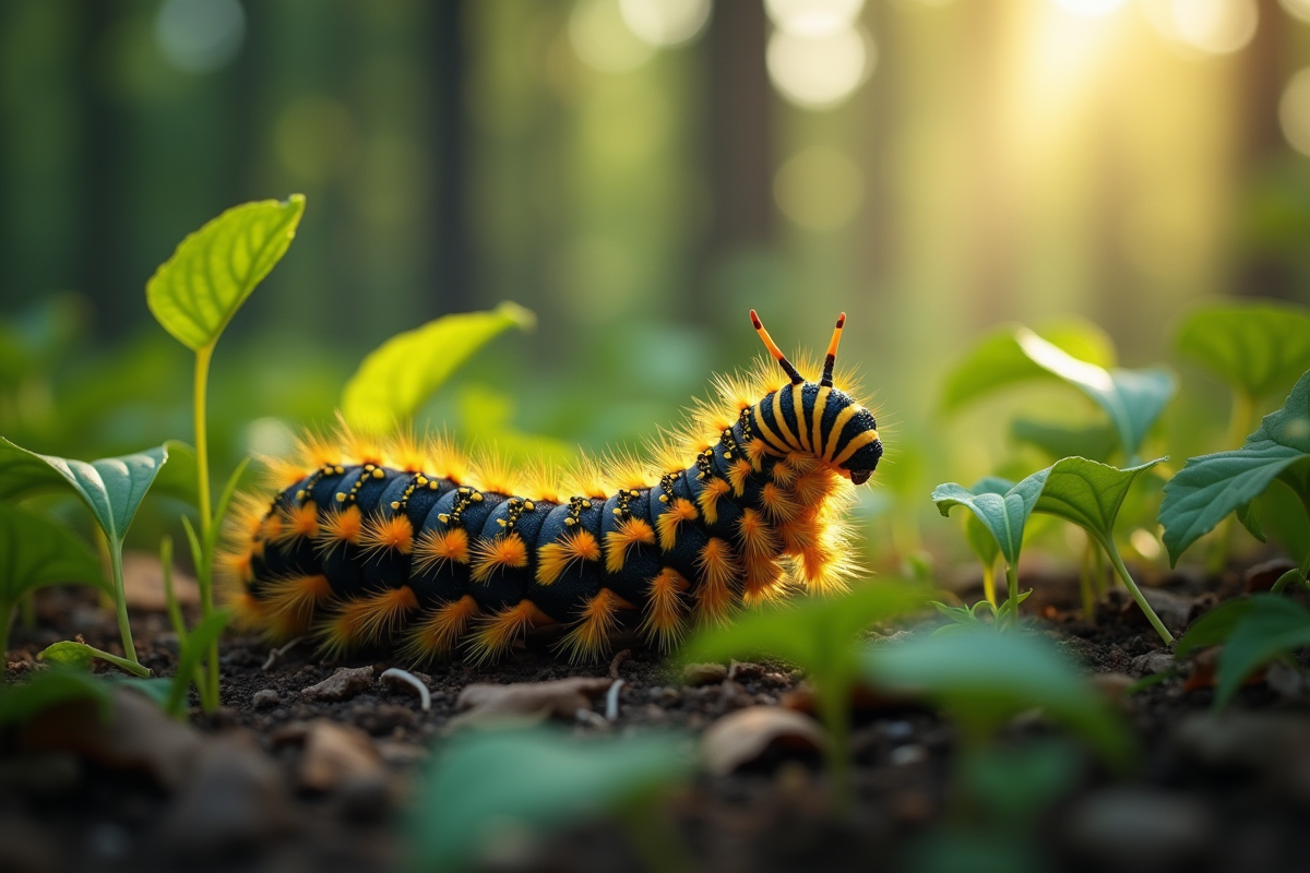 Chenille jaune et noire camouflée dans la végétation forestière