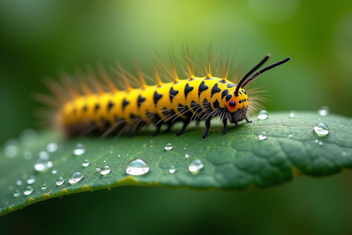 Chenille jaune et noire sur une feuille verte en macro
