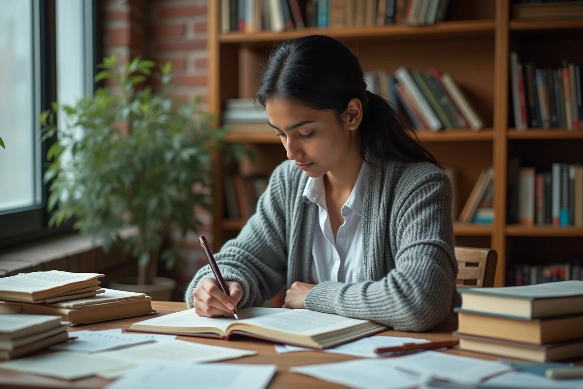 Jeune chercheuse comparant des textes de poésie, de droit et de prophétie sur un bureau universitaire encombré