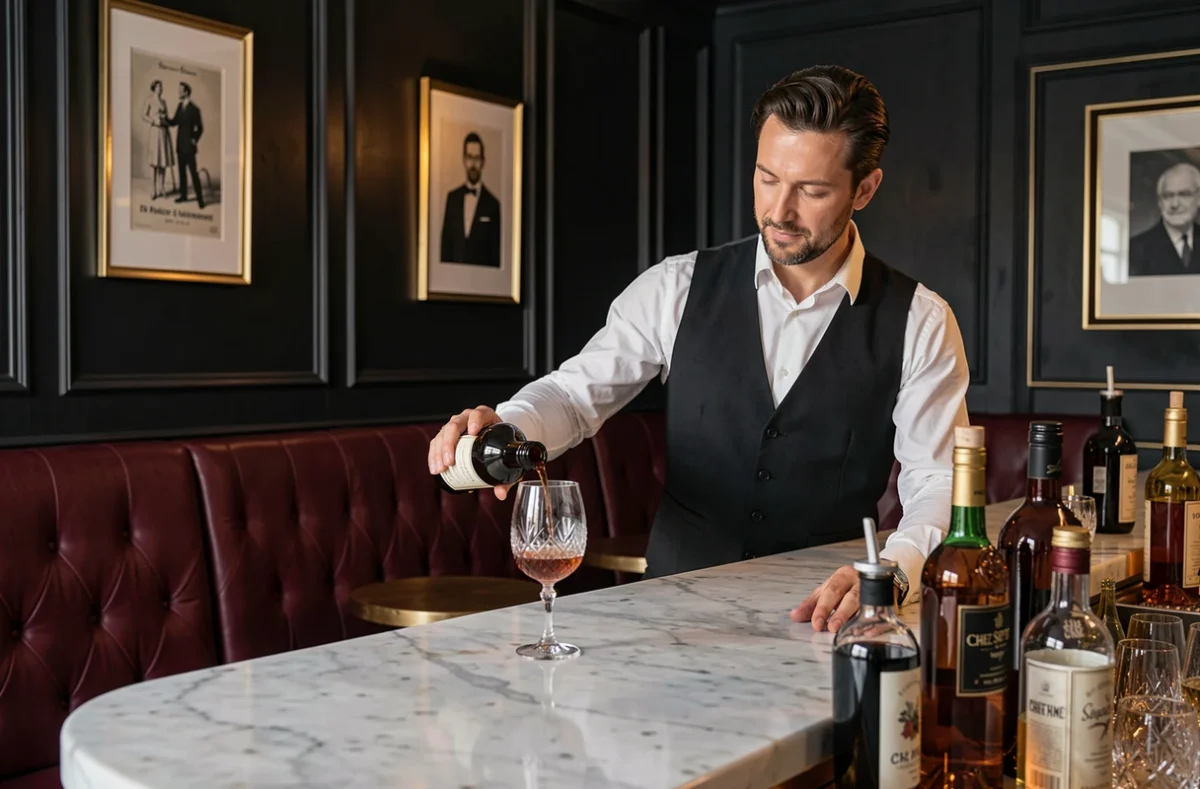 Barman versant un apéritif au comptoir en marbre de Chez Septime à Dijon, bar lounge raffiné aux tons bordeaux