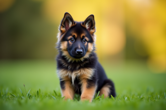Chiot berger allemand longhaire assis sur herbe verte