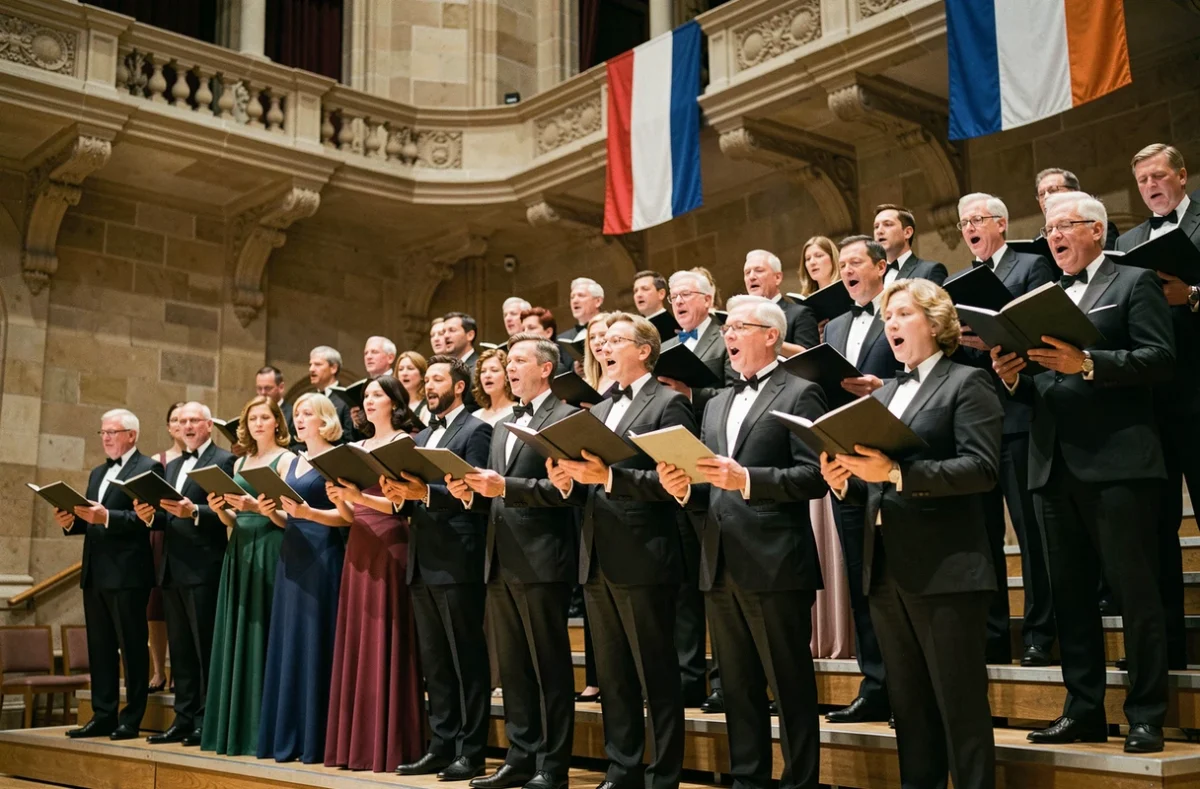 Chœur formel chantant la Marseillaise dans une salle de concert à l'architecture classique française