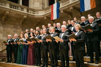 Chœur formel chantant la Marseillaise dans une salle de concert à l'architecture classique française