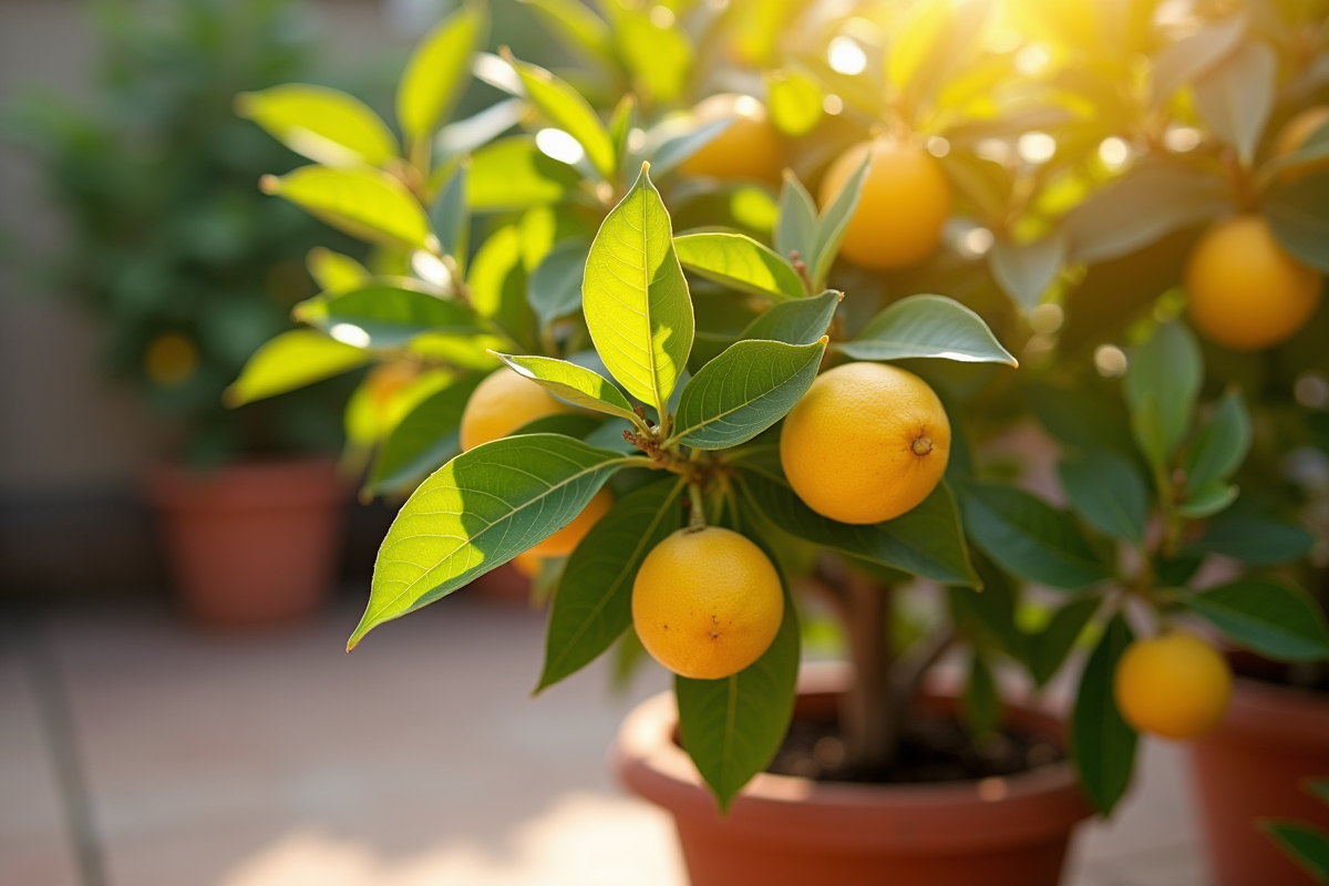 Citronnier en pot avec feuilles jaunes et vertes en terrasse ensoleillee